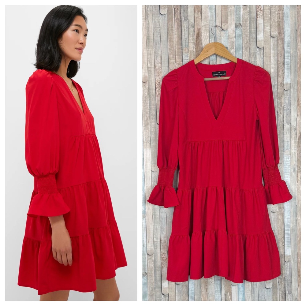 Tuckernuck XS Pomander‎ Place Red Crepe Kenzo Dress Smocked Tiered Ruffle Mini